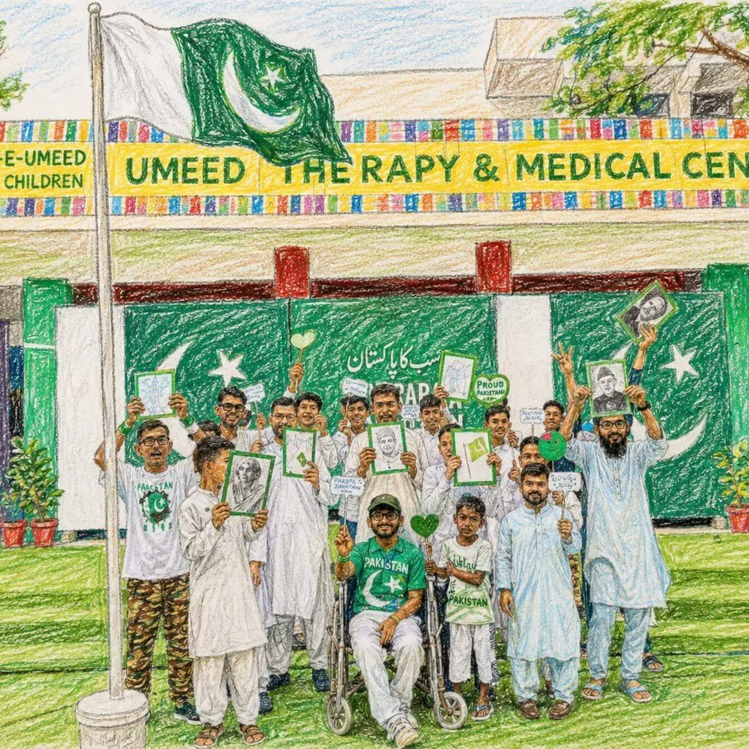 People from Markaz-e-Umeed standing together outside the centre in Karachi, with the Pakistani flag behind them.